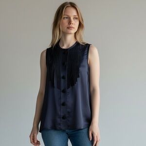 Lanvin Navy Satin Sleeveless Blouse with Pleat Front and black buttons